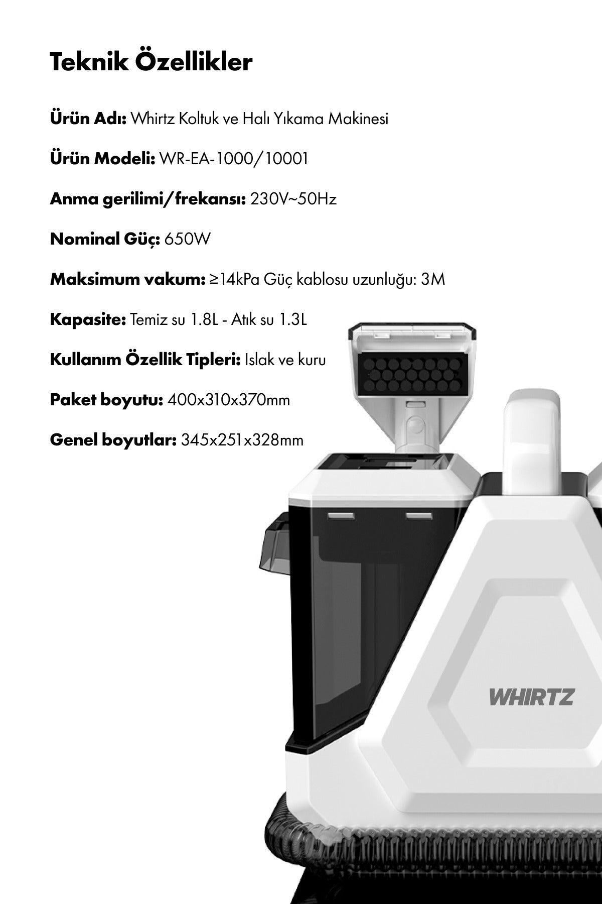 Ea-1000 Halı Yıkama Makinesi Islak Kuru Temizlik - Halı Koltuk Temizleyici - 650w Vakumlu