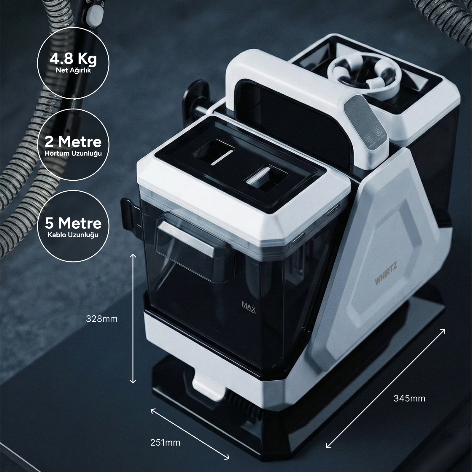 Whirtz Sıcak/Soğuk Fonksiyonlu Halı Yıkama Makinesi Beyaz