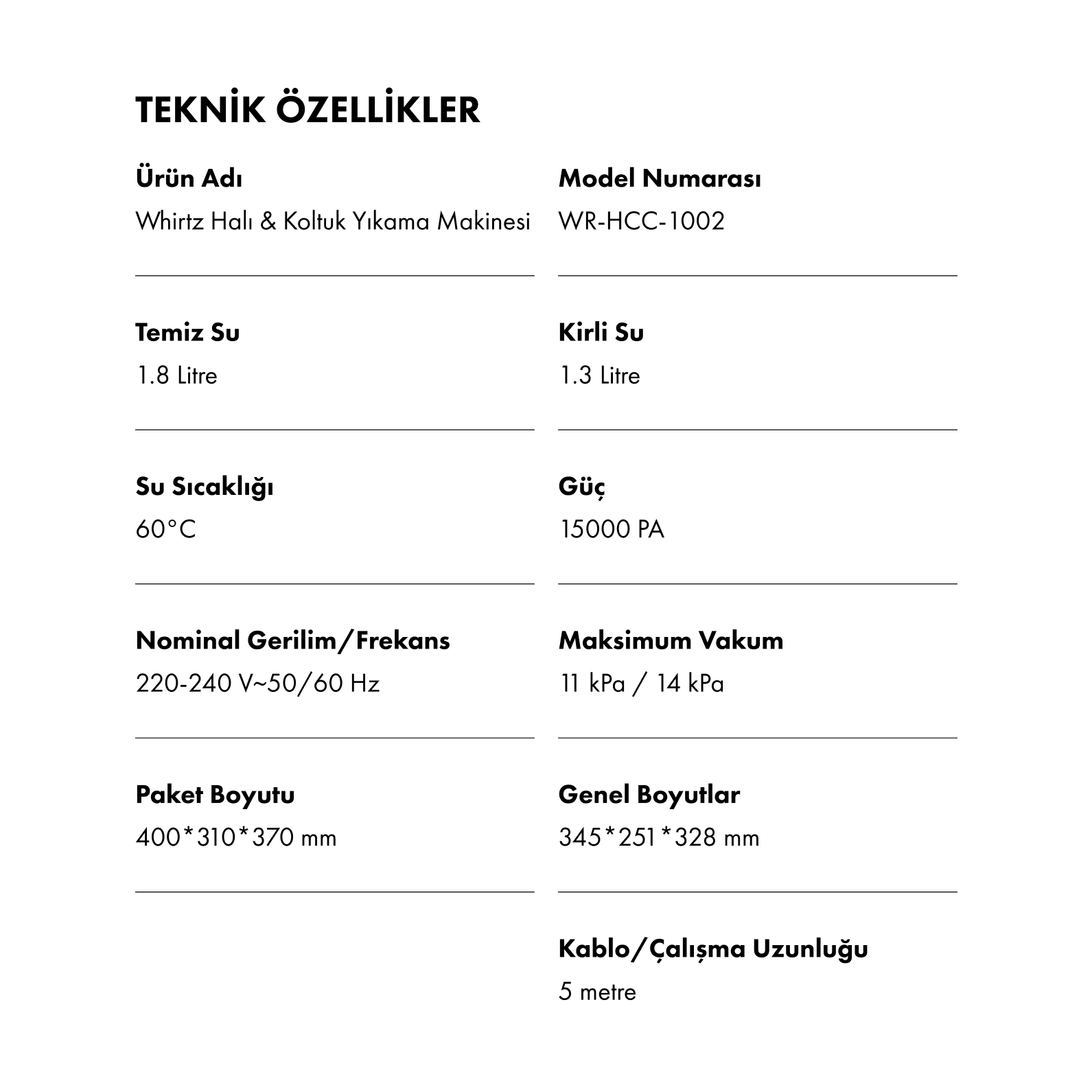 Whirtz Sıcak/Soğuk Fonksiyonlu Halı Yıkama Makinesi Beyaz